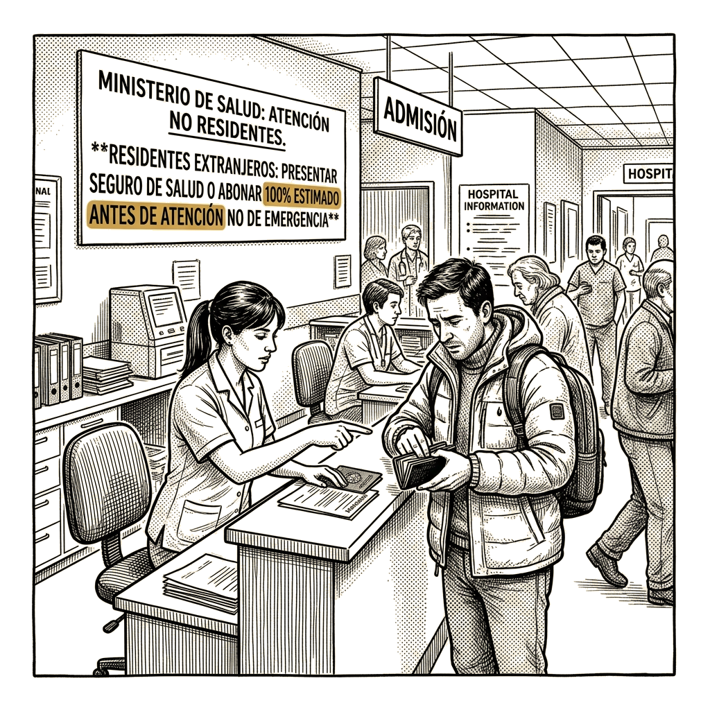 Illustration accompanying article: Argentina charges nonresident foreigners for non-emergency hospital care