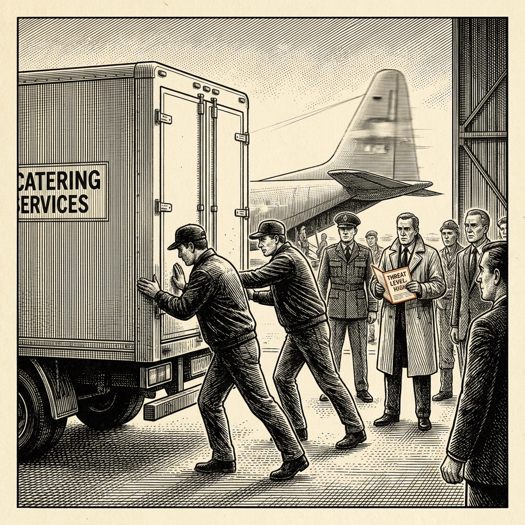 Illustration accompanying article: Catering-truck decoy hides Trump from apparent Iran missile threat