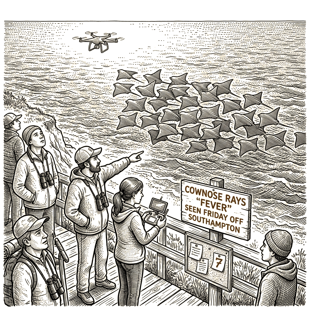 Illustration accompanying article: Drone footage captures fever of cownose rays off Long Island