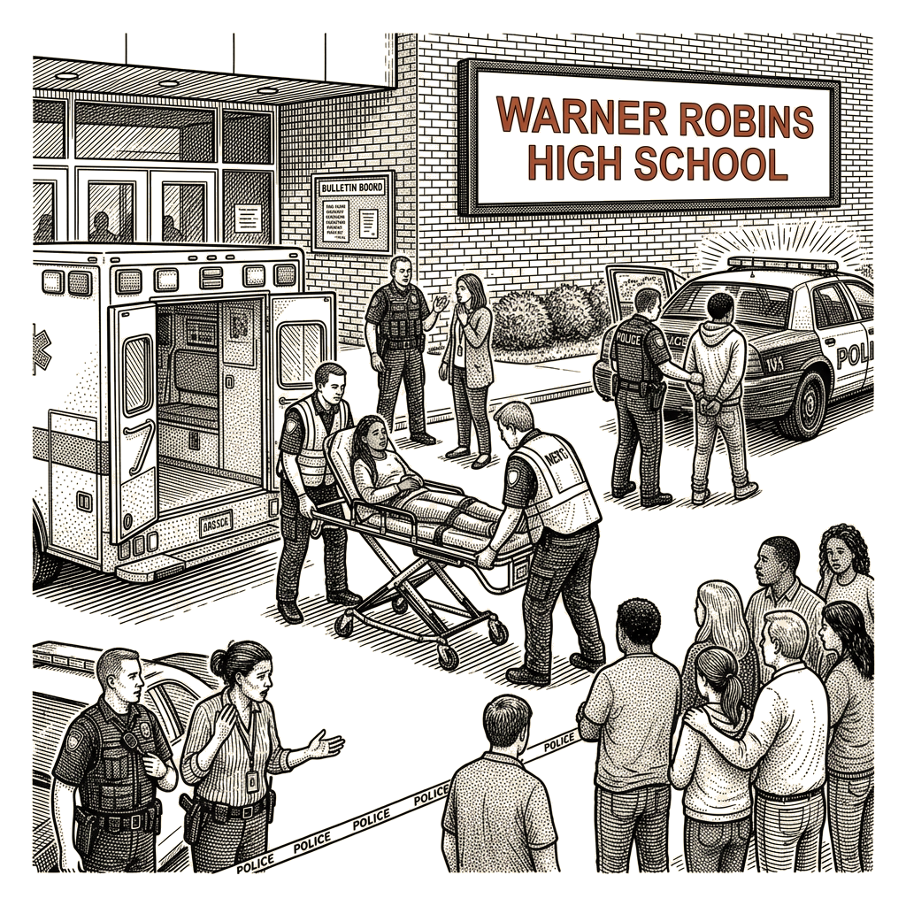 Illustration accompanying article: Georgia high school shooting wounds ninth-grader; teenage suspect in custody