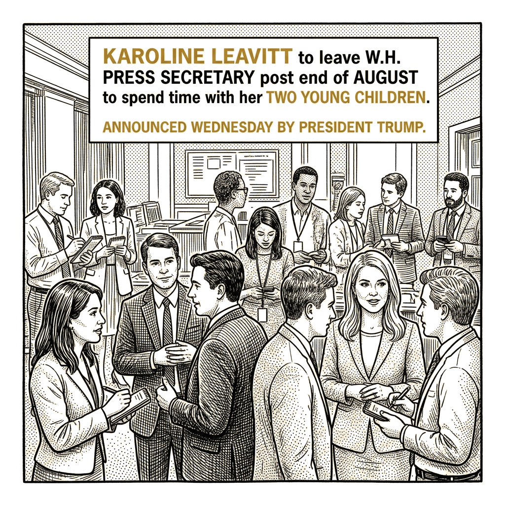 Illustration accompanying article: Karoline Leavitt to leave White House press secretary post at end of August