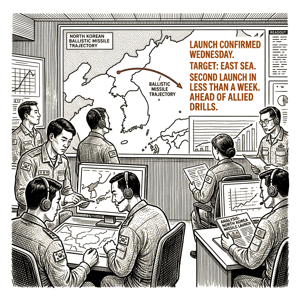 Illustration accompanying article: North Korea fires ballistic missile ahead of allied drill