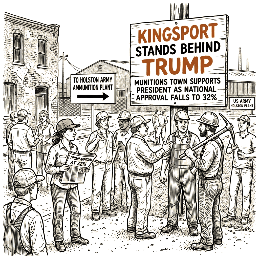 Illustration accompanying article: Tennessee munitions town backs Trump as national approval falls