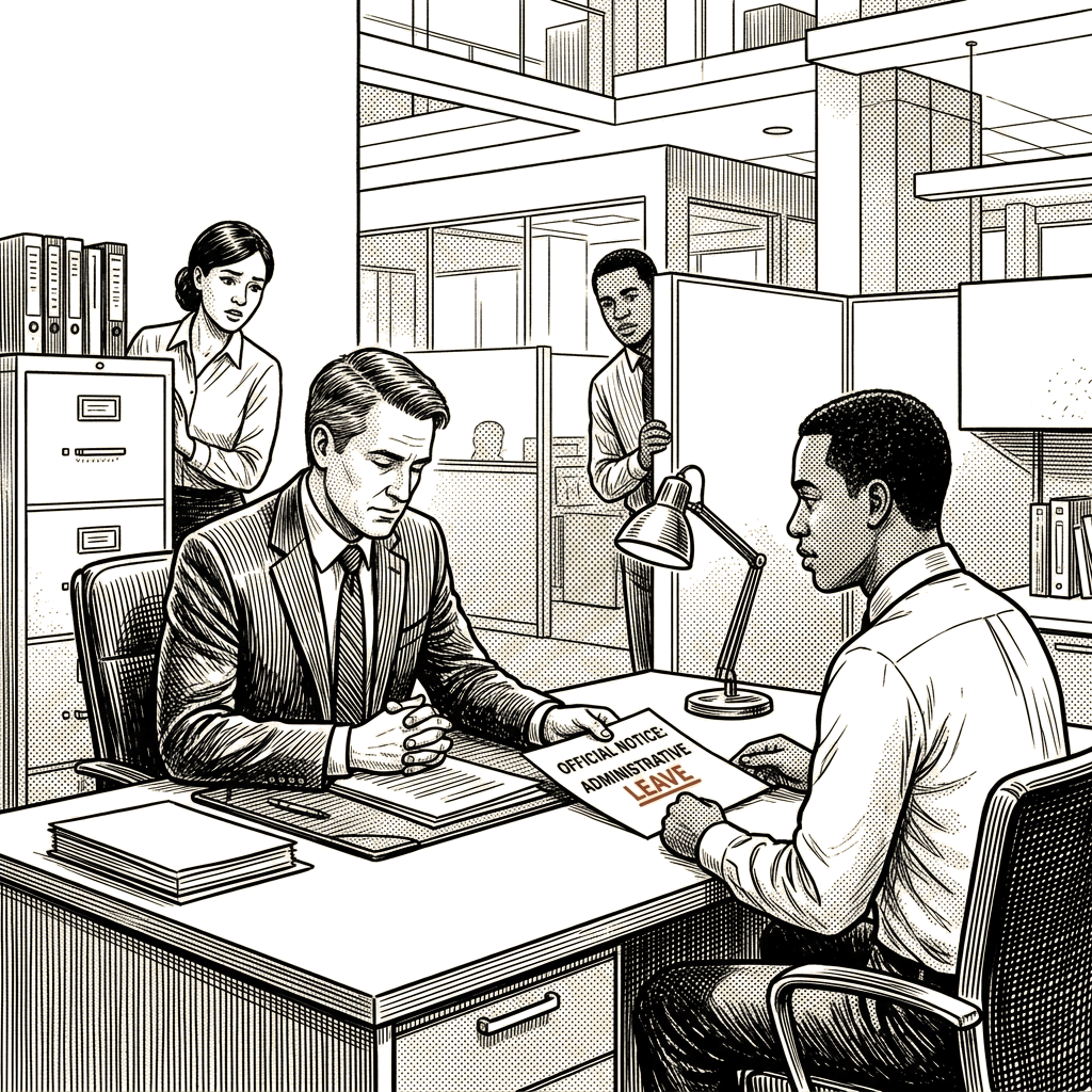 Illustration accompanying article: CFPB places union leader on leave without stating allegations