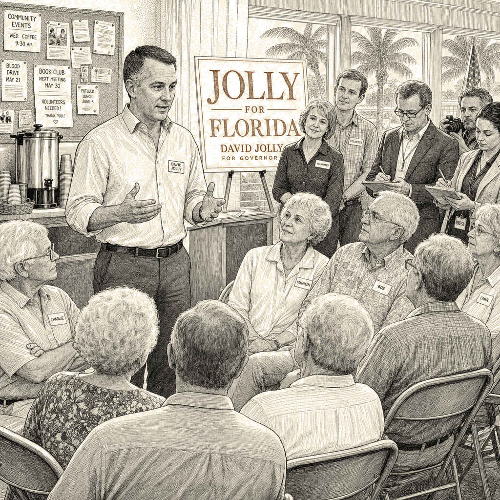 Illustration accompanying article: Jolly courts Florida seniors as Democratic governor candidate