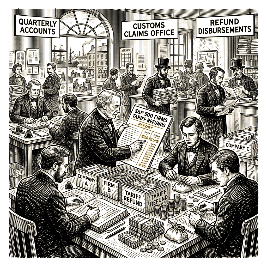 Illustration accompanying article: Over 40 S&P 500 firms report $9.6 billion in tariff refunds