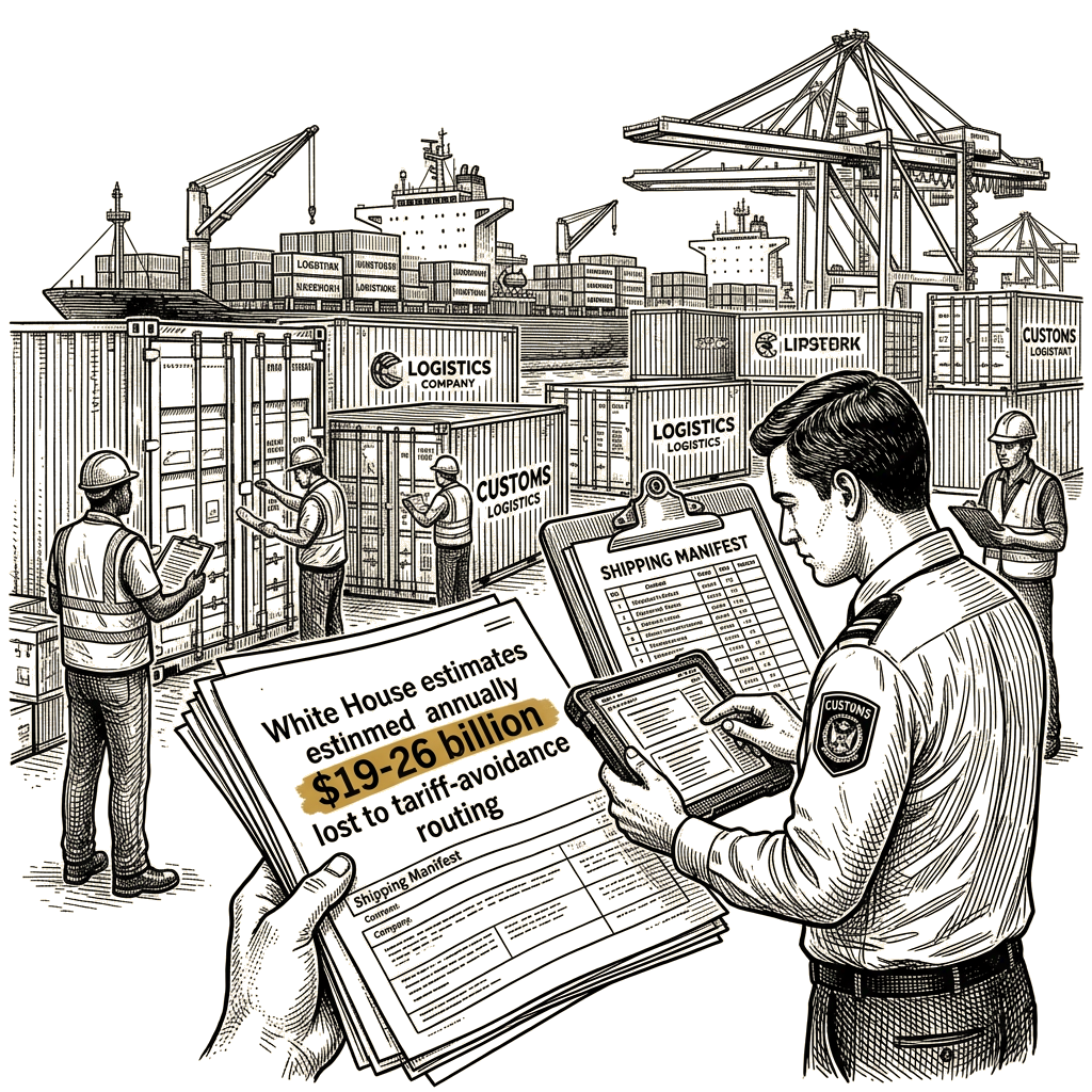 Illustration accompanying article: White House estimates $19-26 billion annually lost to tariff-avoidance routing