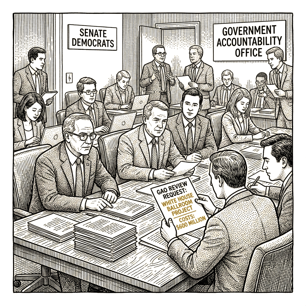 Illustration accompanying article: Democrats cite court ruling, rising costs in seeking GAO ballroom review