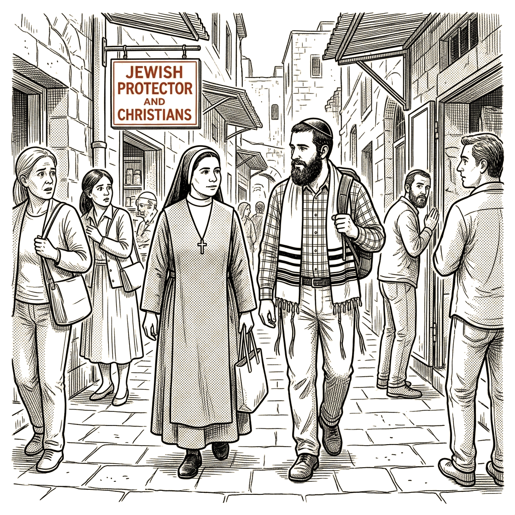 Illustration accompanying article: Jerusalem nun walks with Jewish protector as Christians fear harassment