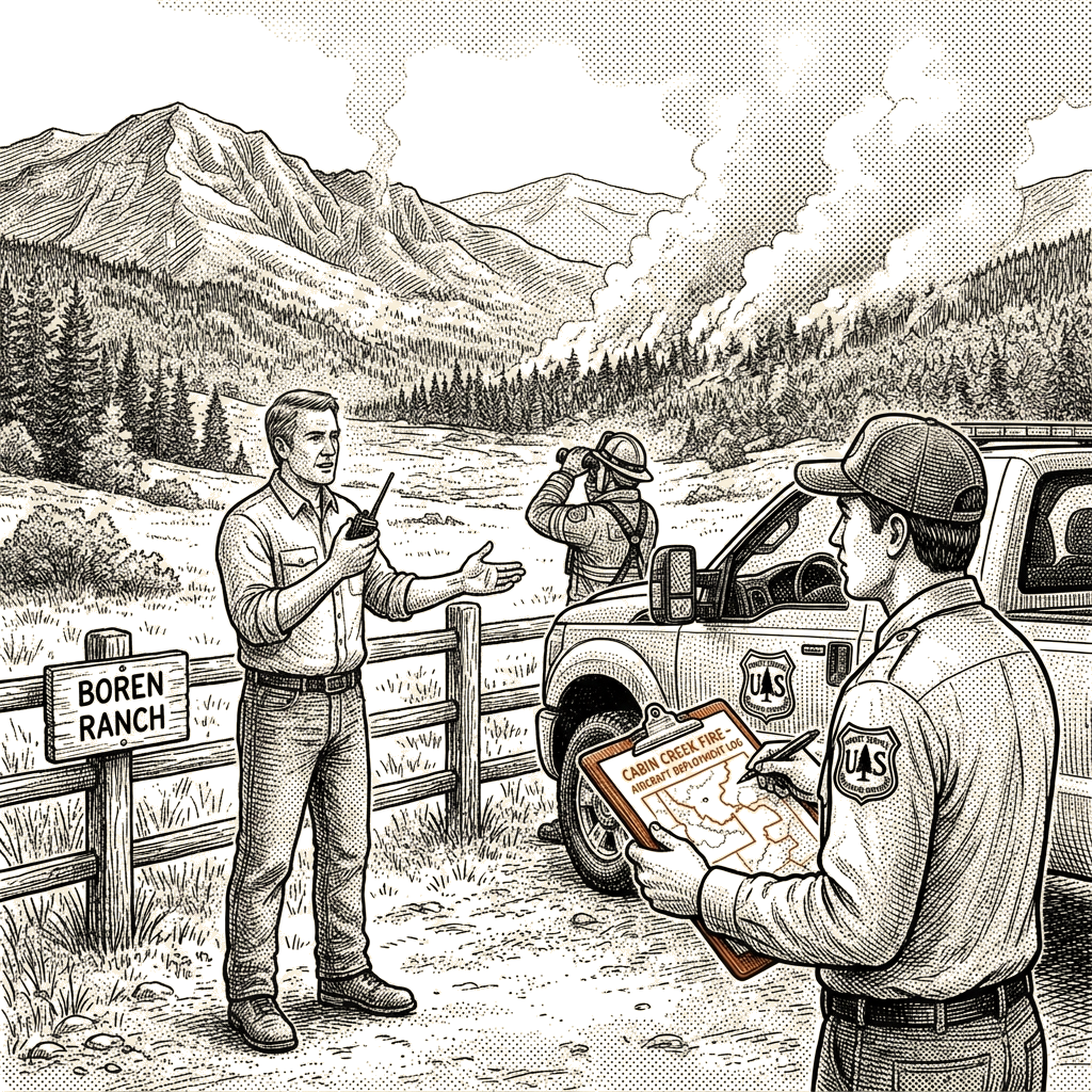 Illustration accompanying article: Michael Boren reportedly asks why more aircraft were not used on a fire near his Idaho…