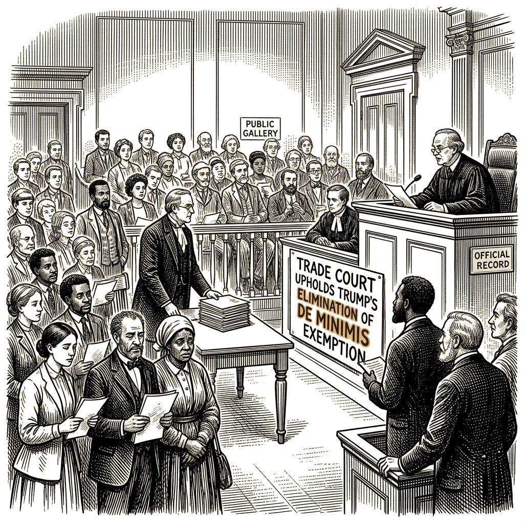 Illustration accompanying article: Trade court upholds Trump's elimination of de minimis exemption