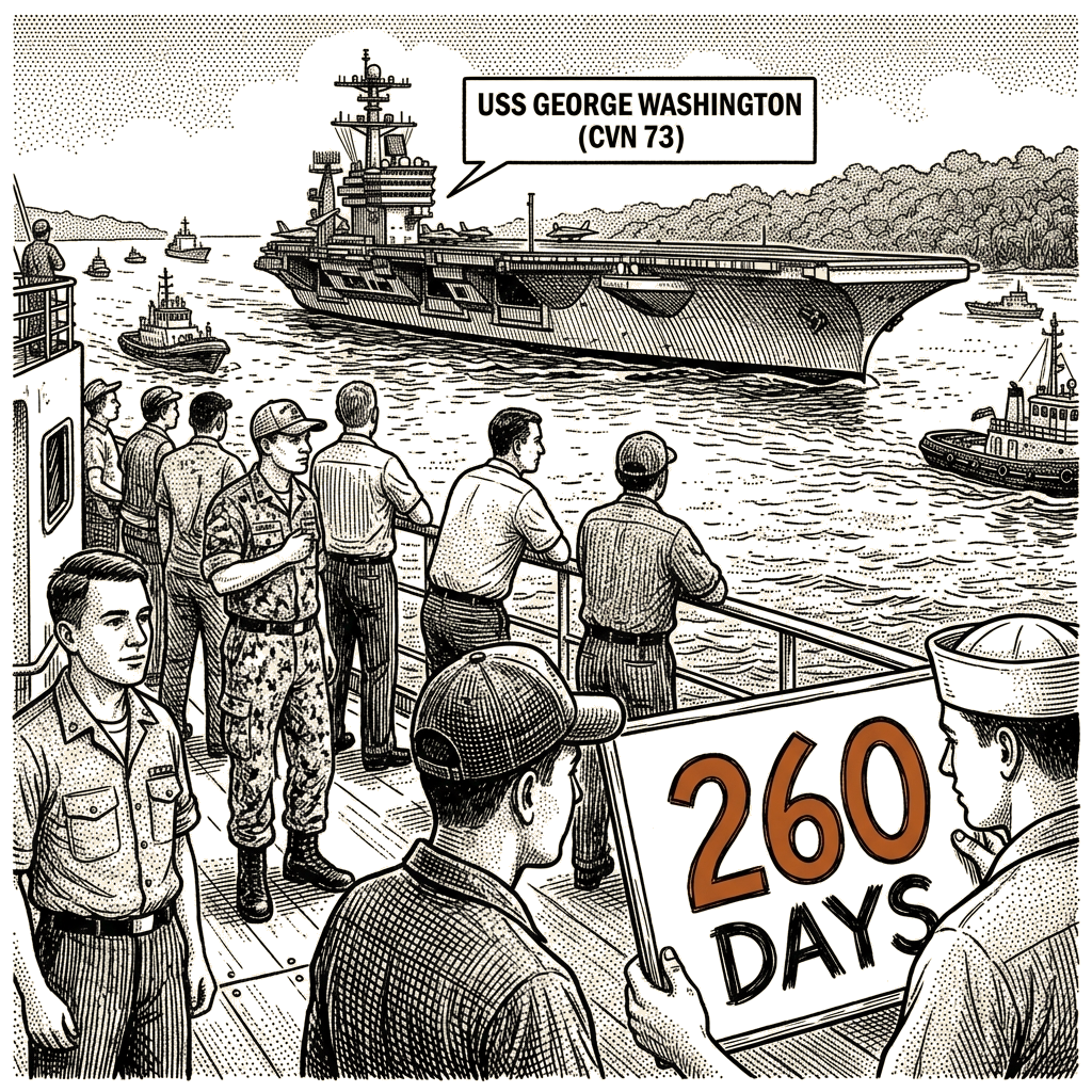 Illustration accompanying article: USS George Washington transits Malacca as Lincoln passes 260 days