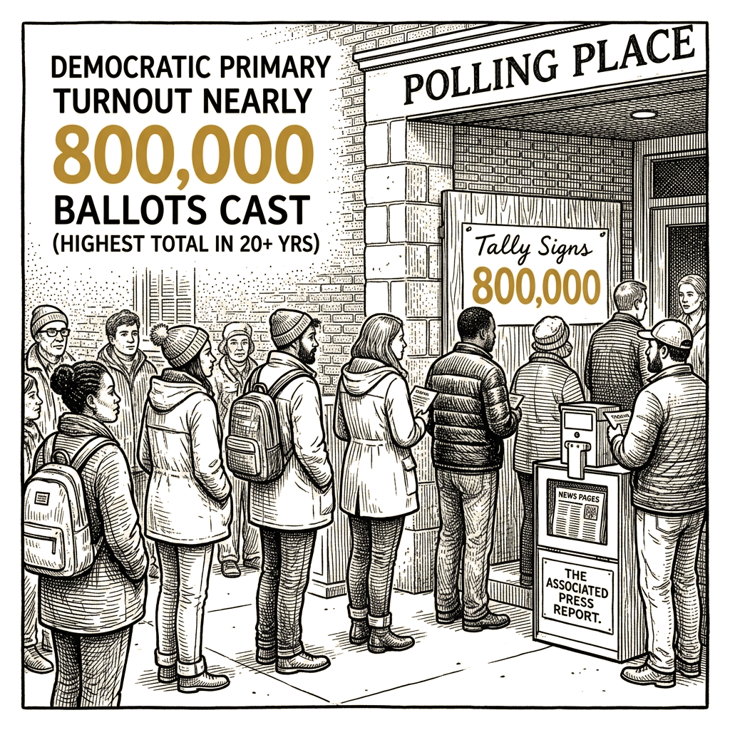 Illustration accompanying article: Democratic primary turnout hits 20-year highs in Wisconsin, Michigan