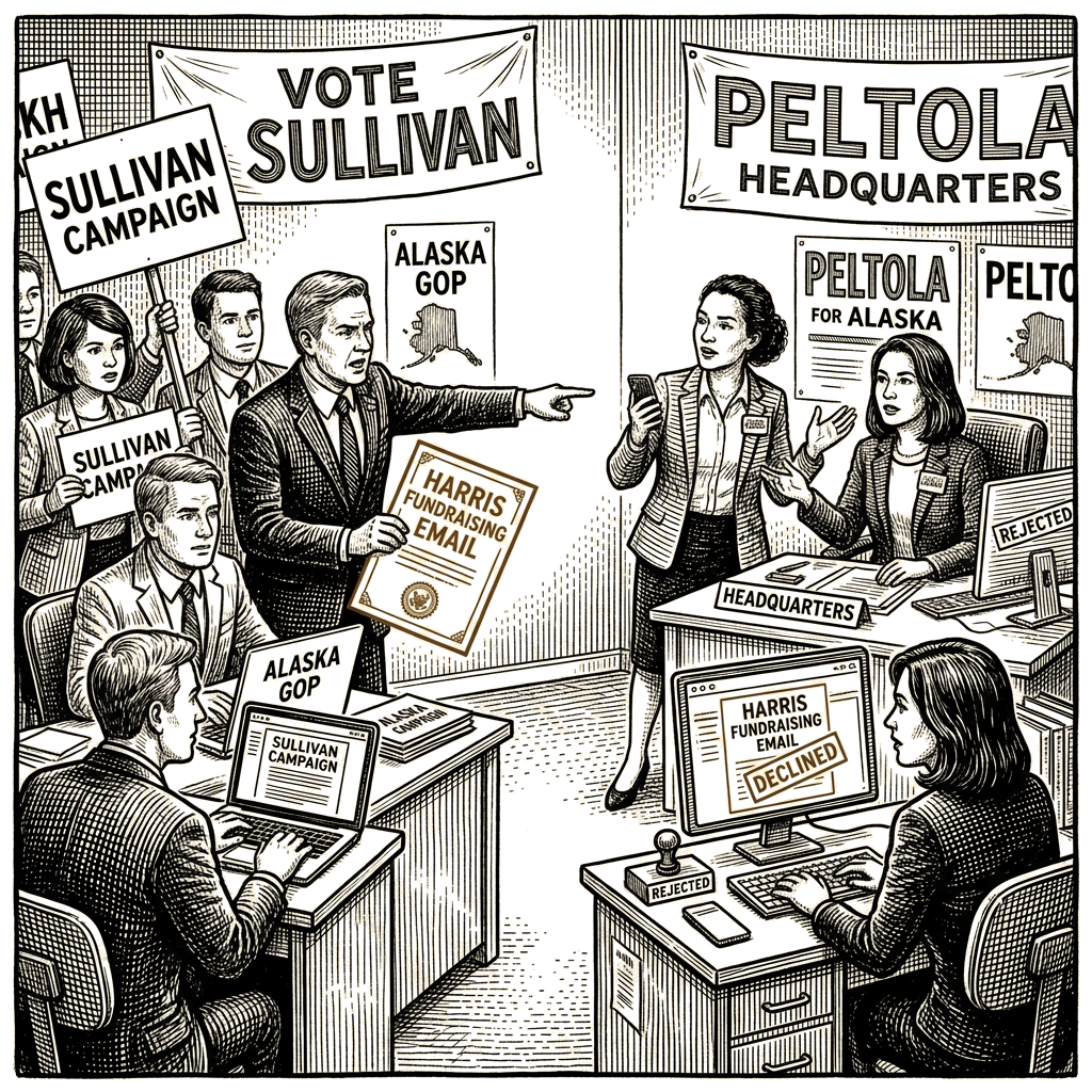 Illustration accompanying article: Sullivan campaign links Peltola to Harris after fundraising-email rejection