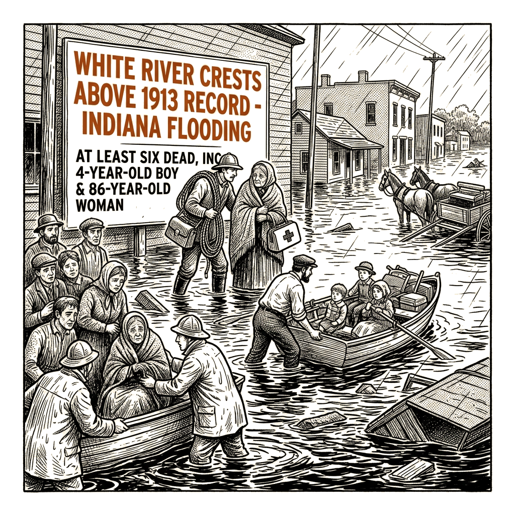 Illustration accompanying article: Indiana flooding kills at least 6 as White River crests above 1913 record