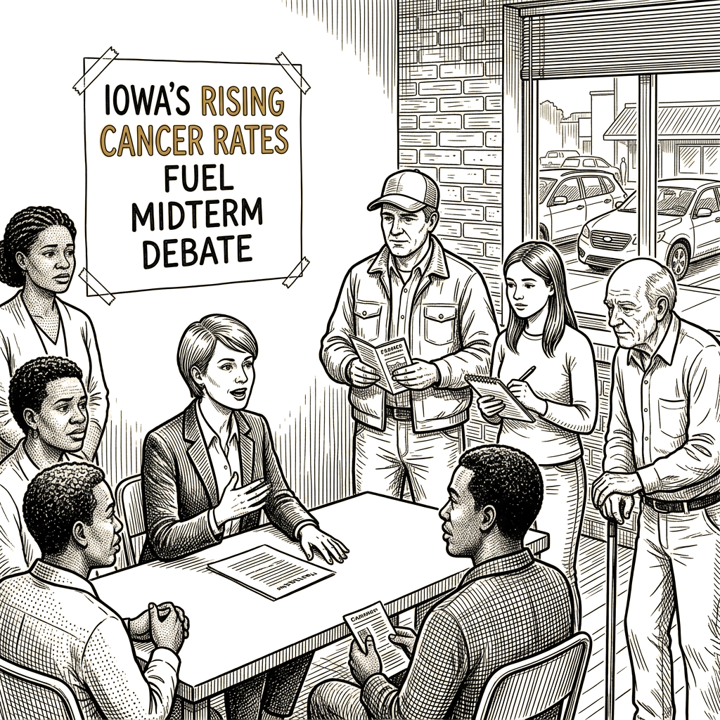 Illustration accompanying article: Iowa's rising cancer rates fuel midterm debate over farm links