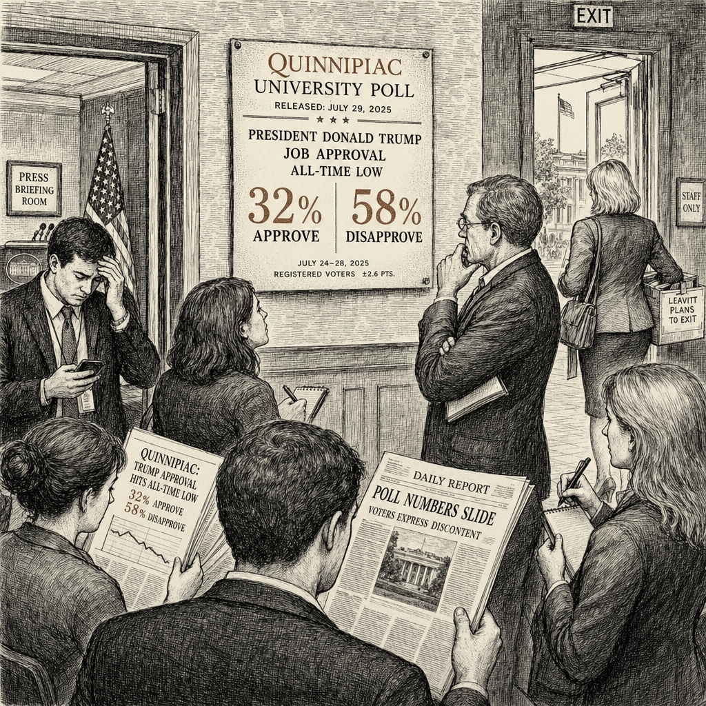 Illustration accompanying article: Quinnipiac poll puts Trump approval at 32% as Leavitt plans to exit