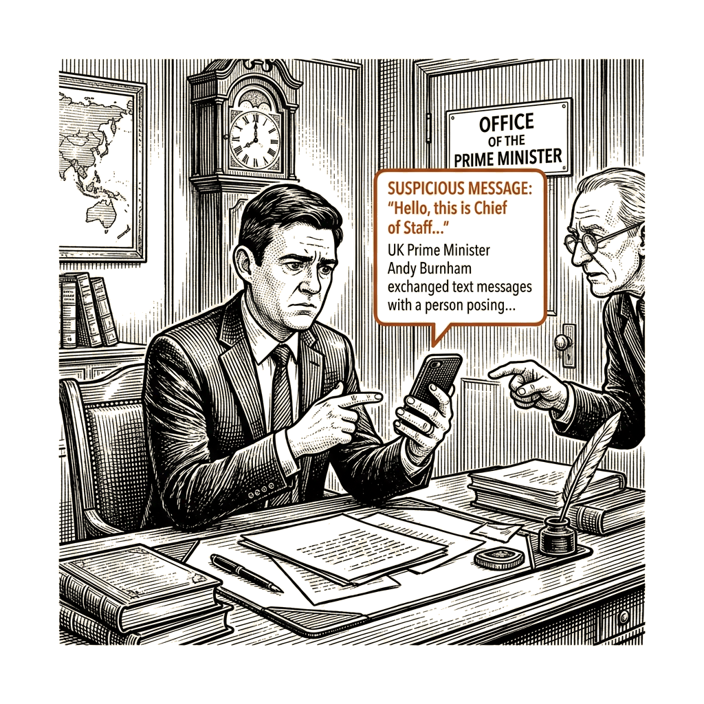 Illustration accompanying article: Burnham reported suspicious texts from person posing as Trump's chief of