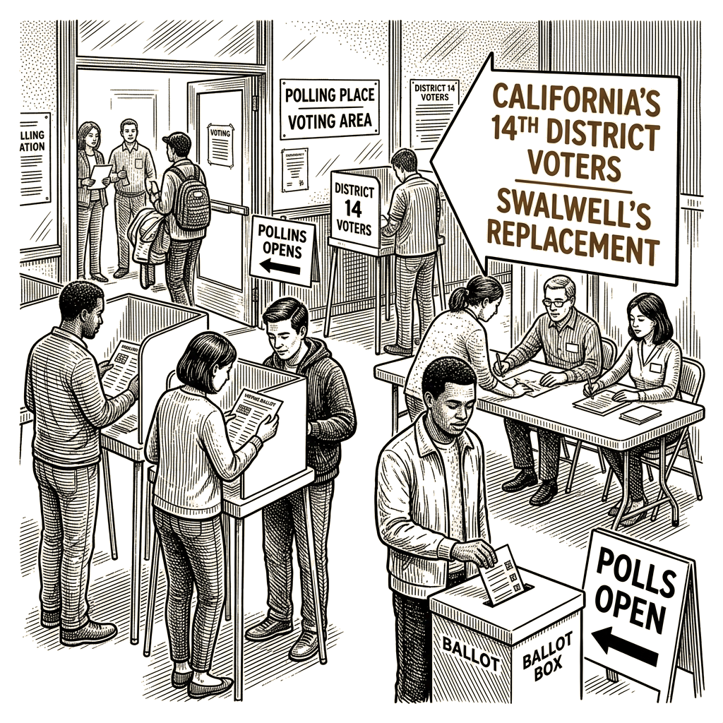 Illustration accompanying article: California 14th District voters choose Swalwell's replacement Tuesday
