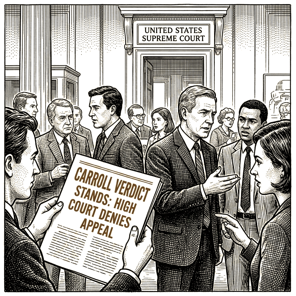 Illustration accompanying article: Carroll verdict against Trump stands as high court turns down second appeal