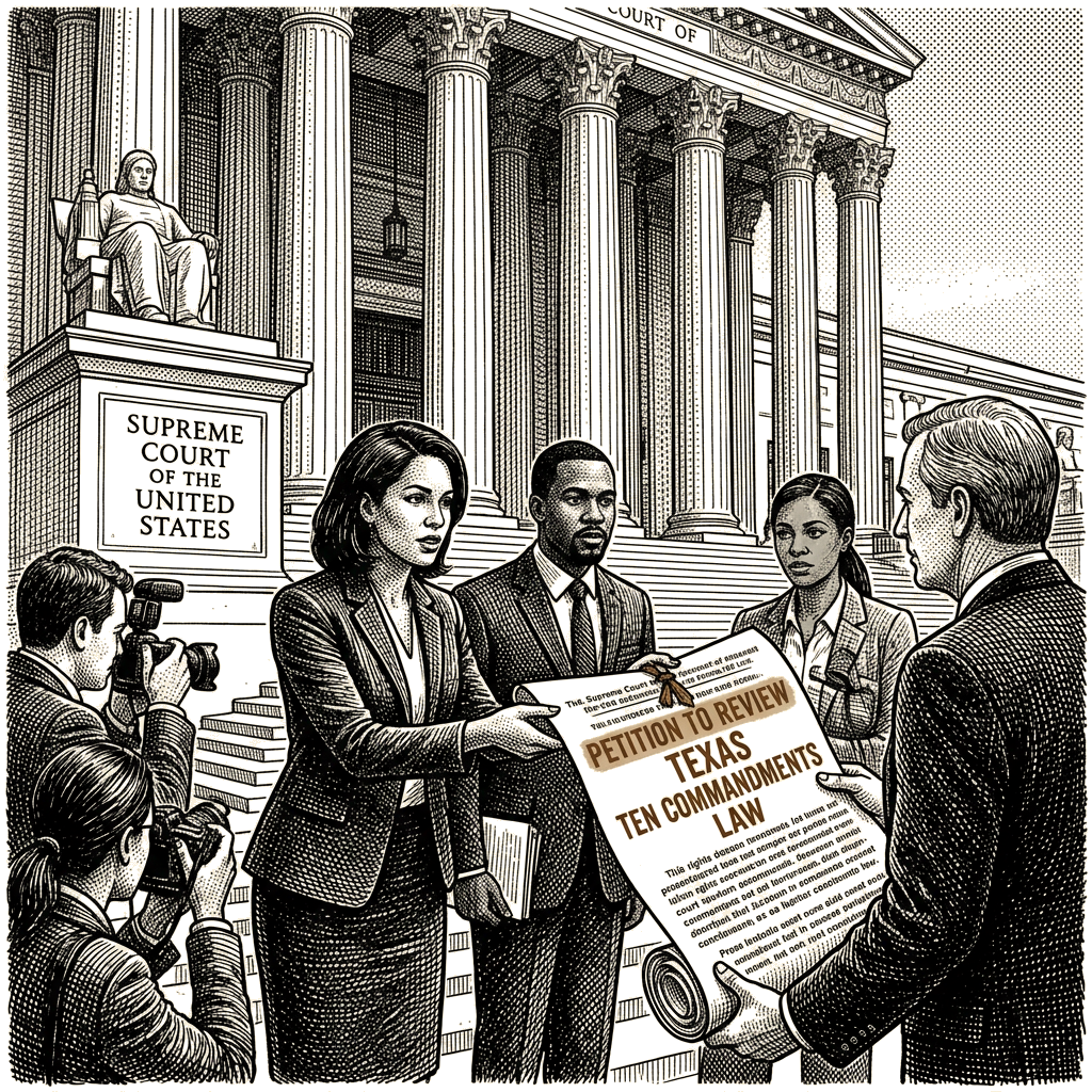 Illustration accompanying article: Civil rights groups petition Supreme Court to review Texas Ten Commandments law