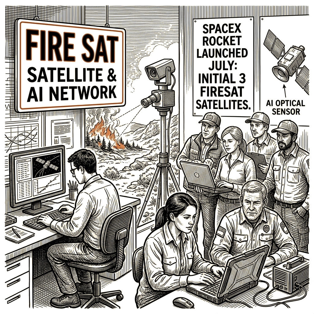 Illustration accompanying article: FireSat satellites and AI cameras aim to catch wildfires early