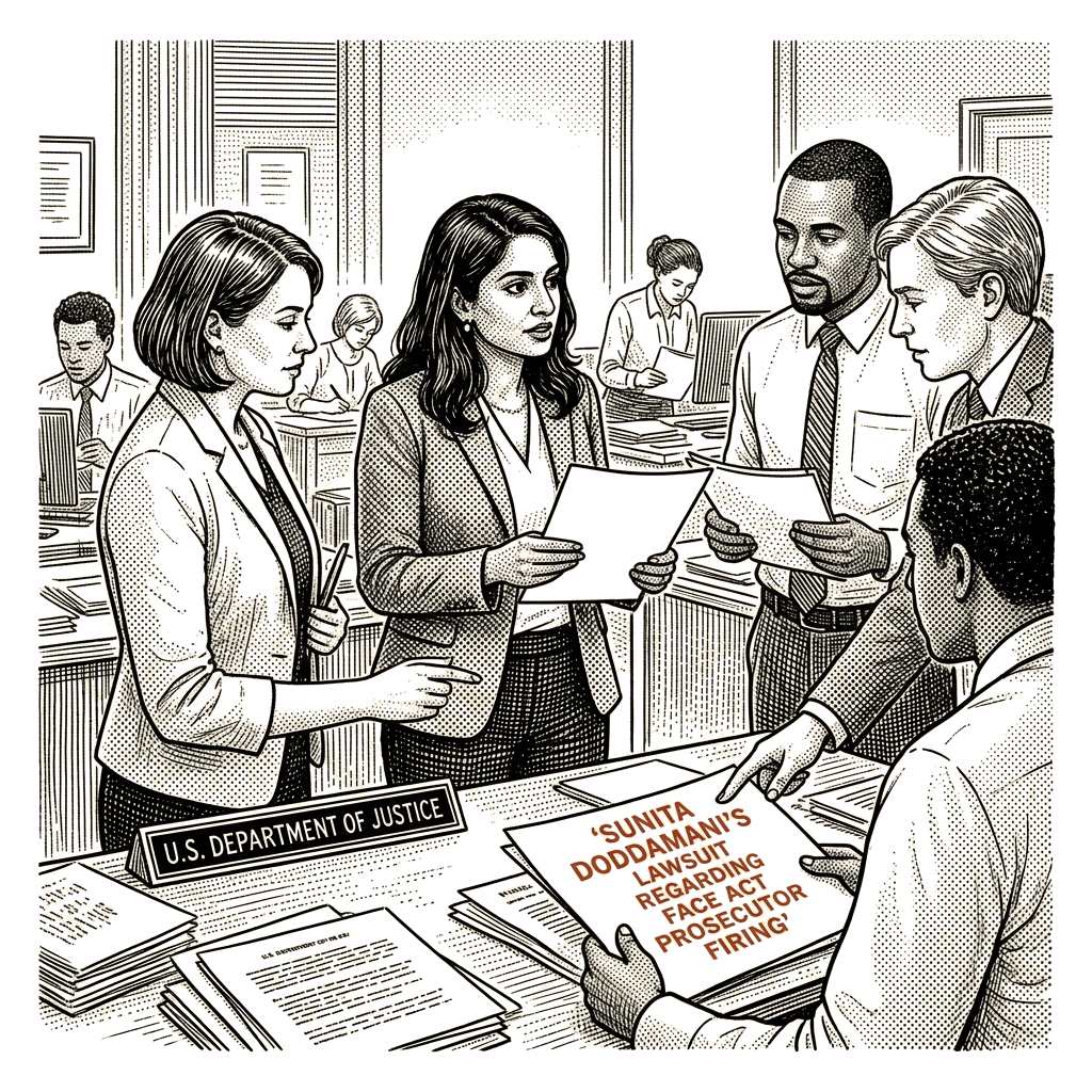 Illustration accompanying article: Former FACE Act prosecutor sues DOJ over April firing