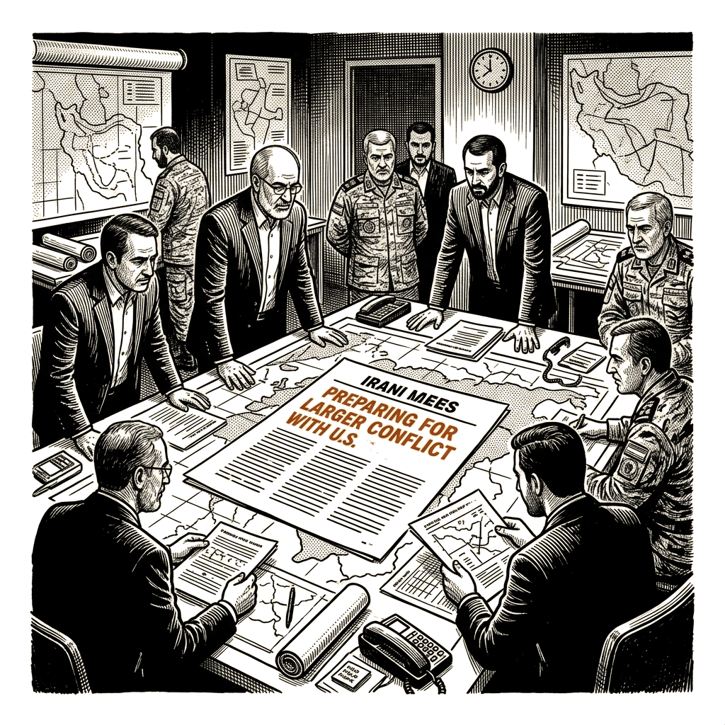 Illustration accompanying article: Iran hardliners prepare for larger war with US, distrusting June pact