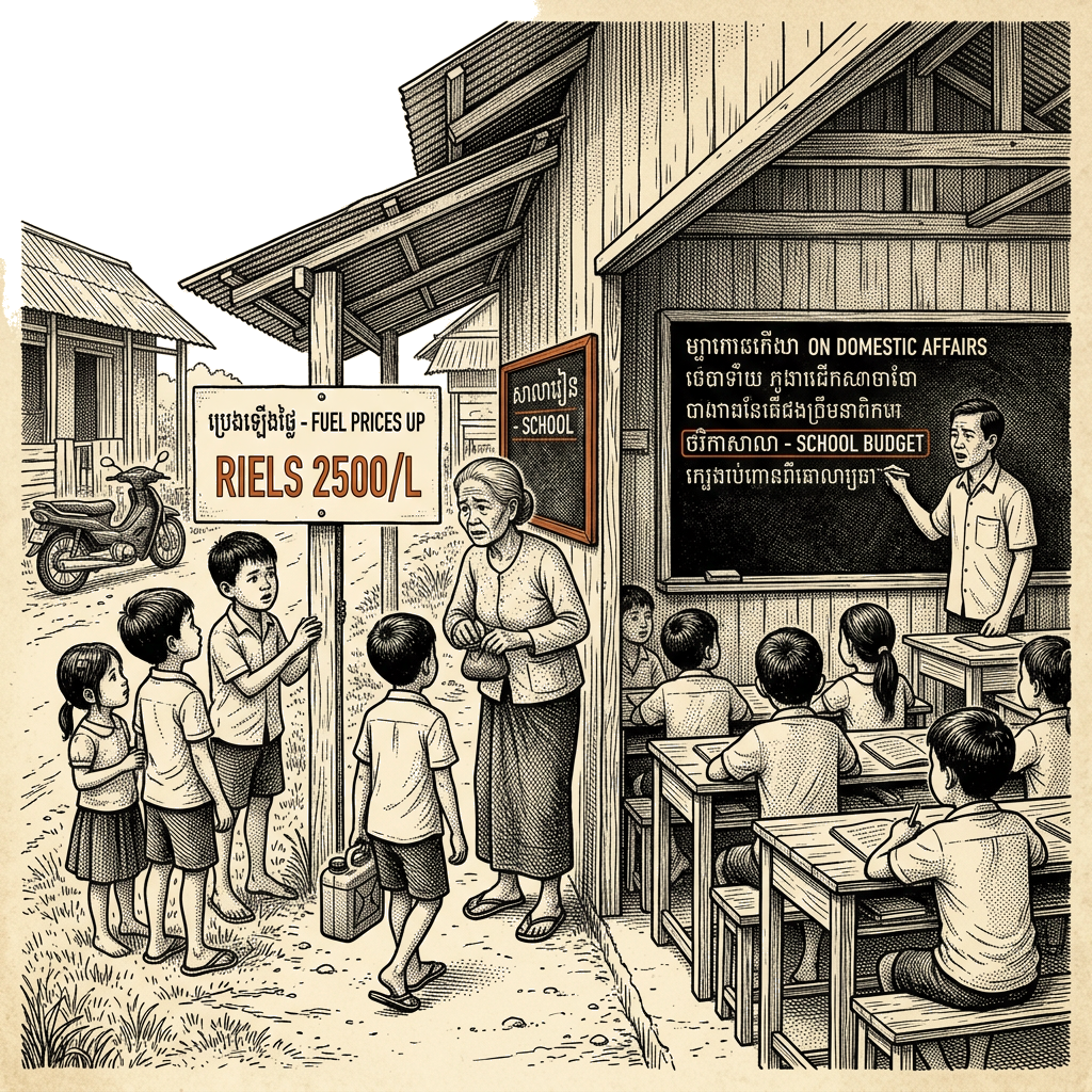 Illustration accompanying article: Iran war fuel spike strains school access for Cambodia's poorest children