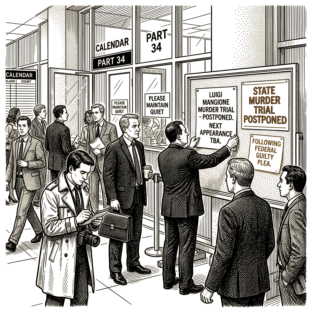 Illustration accompanying article: Judge postpones Mangione state murder trial after federal guilty plea