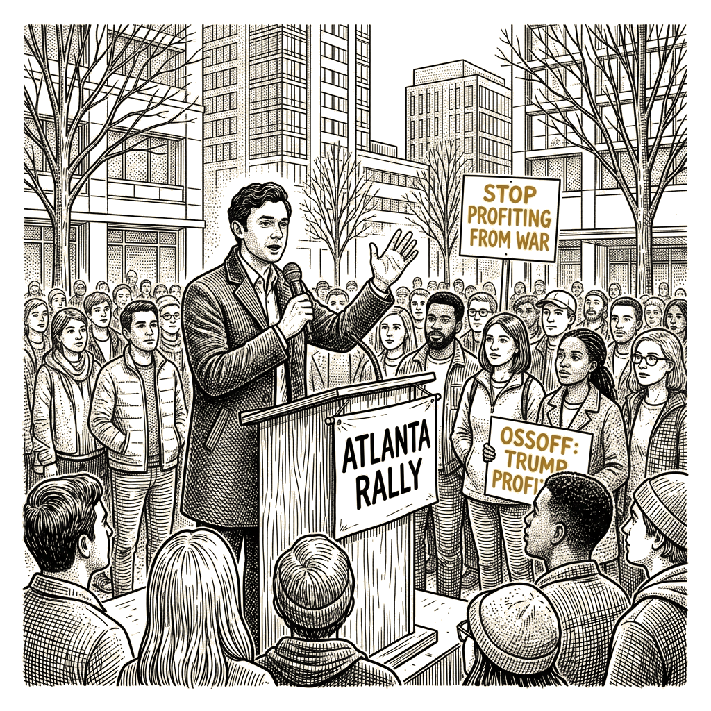 Illustration accompanying article: Ossoff tells Atlanta rally Trump is profiting from the Iran war