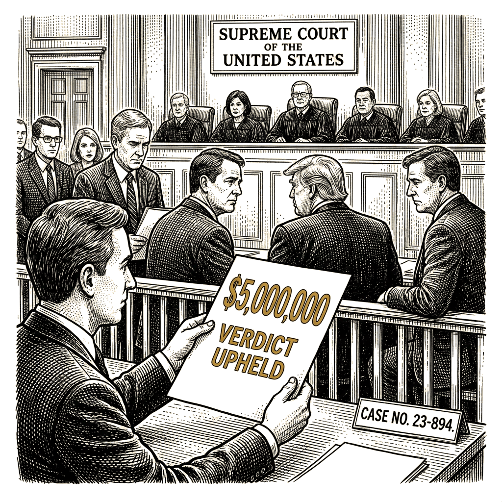 Illustration accompanying article: Supreme Court again denies Trump request to reconsider $5M Carroll verdict