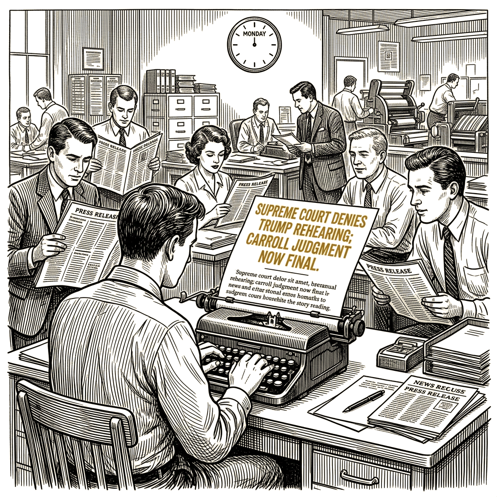 Illustration accompanying article: Supreme Court denies Trump rehearing, $5M Carroll judgment now final