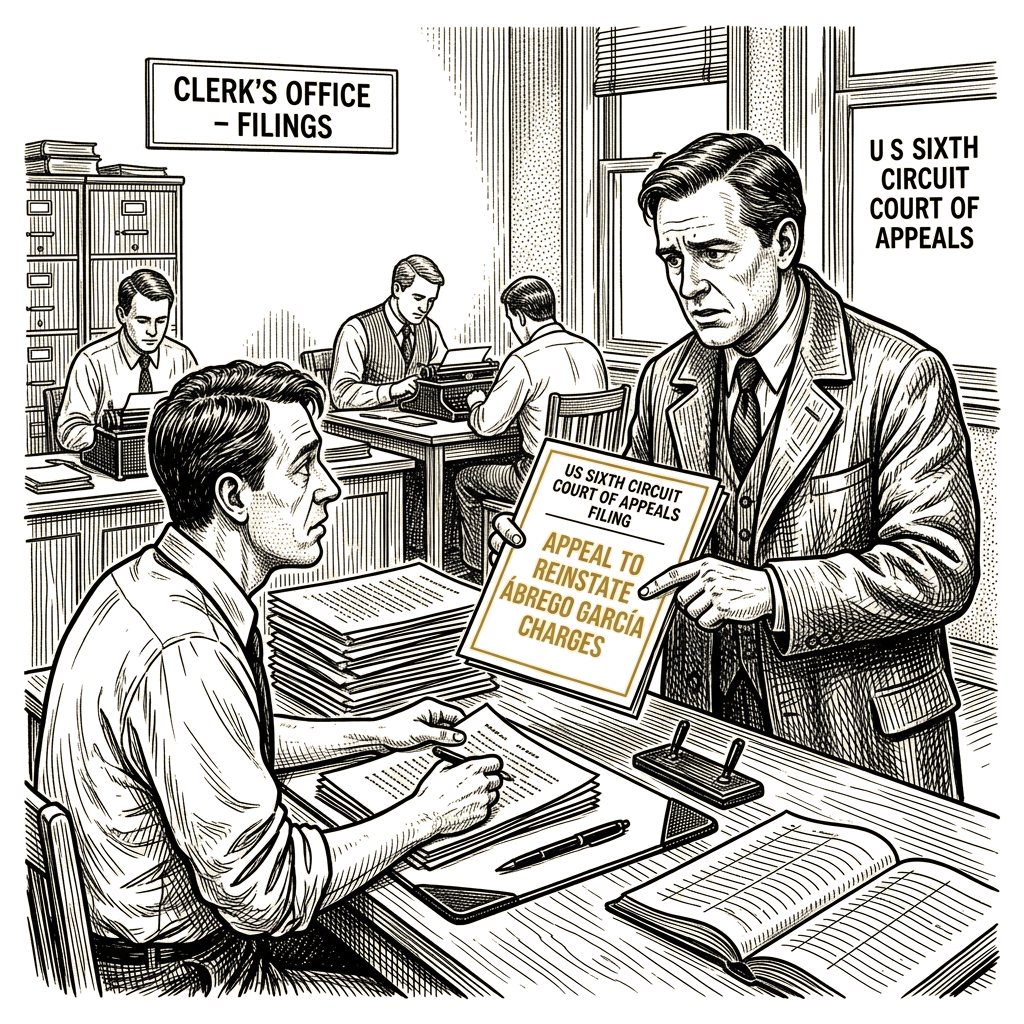 Illustration accompanying article: Justice Department appeals to reinstate Ábrego García smuggling charges