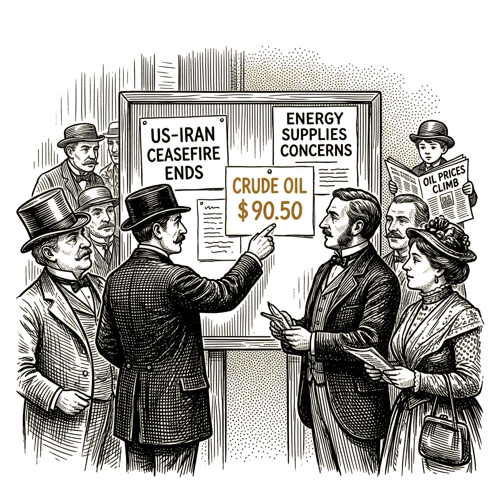 Illustration accompanying article: Oil tops $90 as US-Iran ceasefire ends