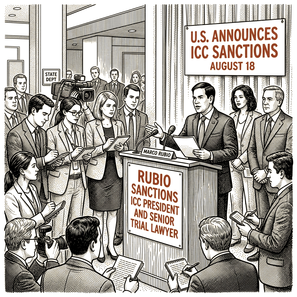 Illustration accompanying article: Rubio sanctions ICC president and senior trial lawyer