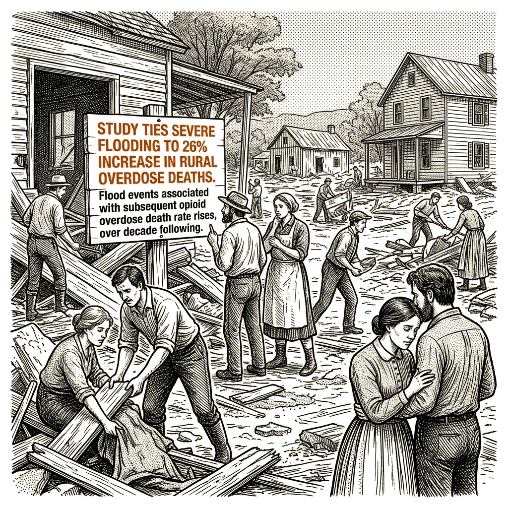 Illustration accompanying article: Study ties severe flooding to 26% increase in rural overdose deaths