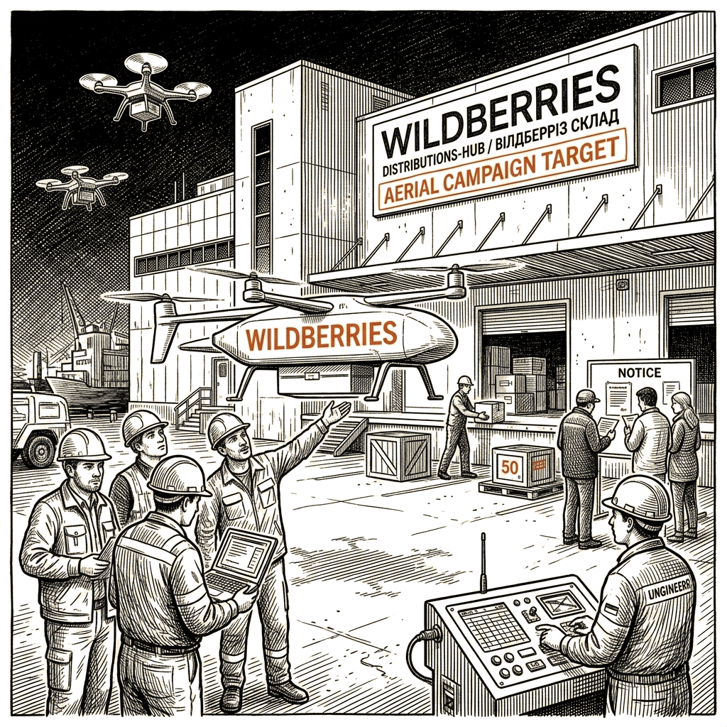 Illustration accompanying article: Ukraine widens aerial campaign to target Wildberries warehouses
