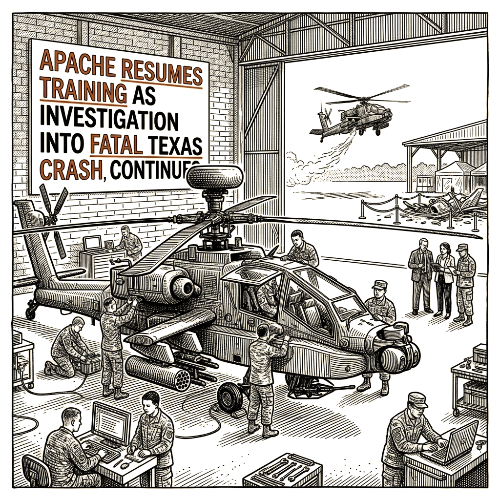 Illustration accompanying article: Army resumes Apache training as investigation into fatal Texas crash continues