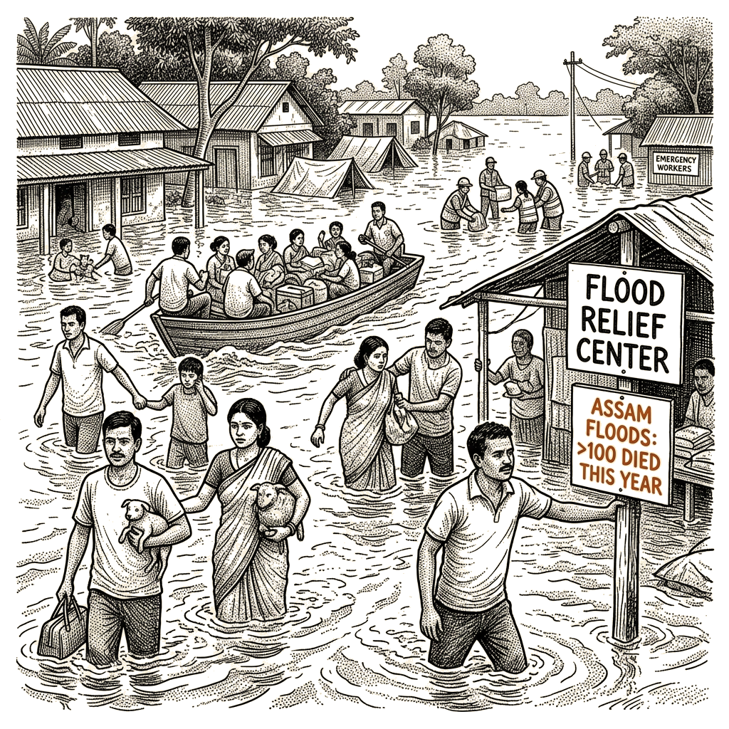 Illustration accompanying article: Assam floods kill more than 100 in state's worst flooding in decades