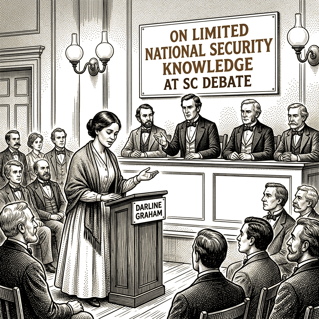 Illustration accompanying article: Darline Graham acknowledges limited national security knowledge at SC debate
