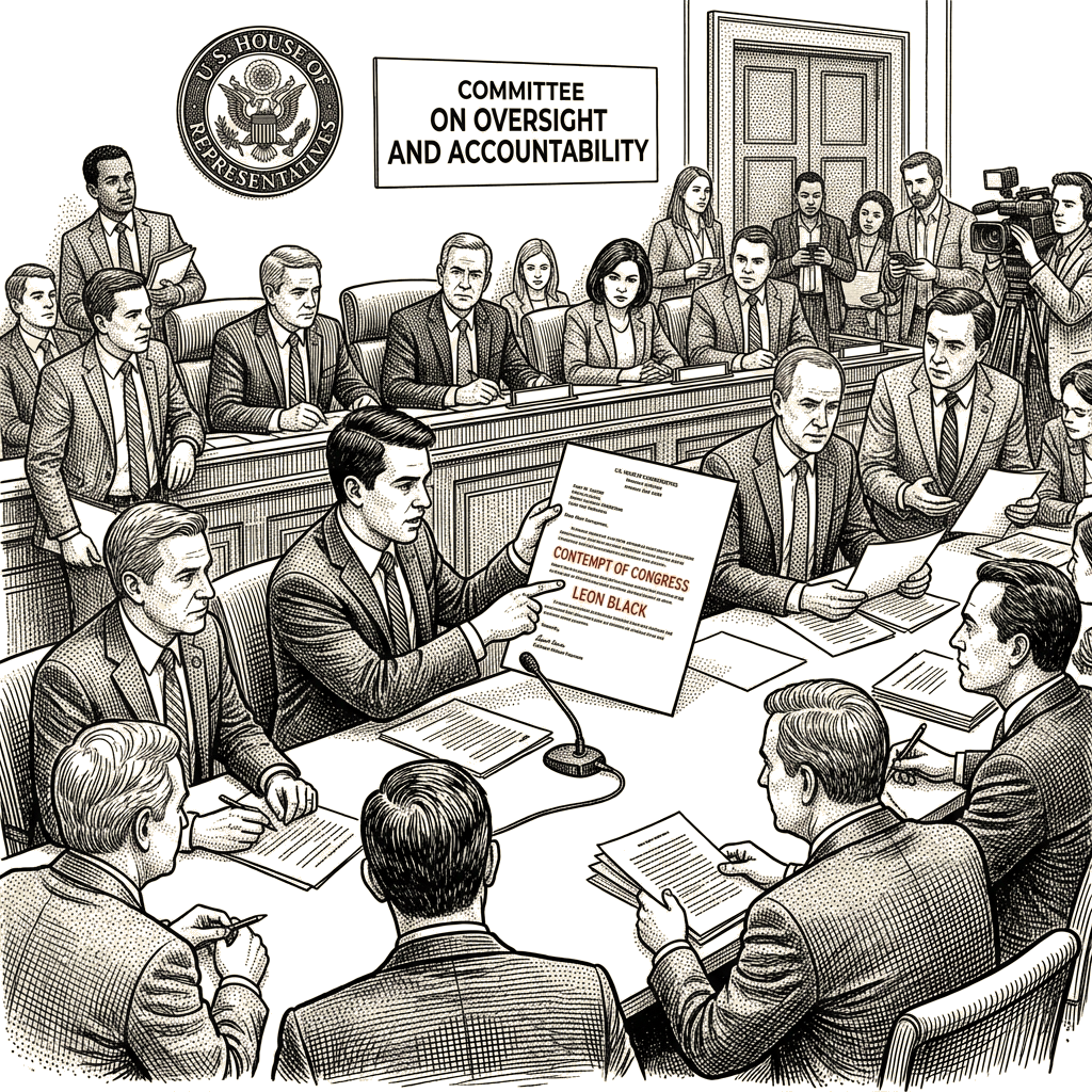 Illustration accompanying article: House oversight chair threatens Leon Black with contempt over Epstein probe