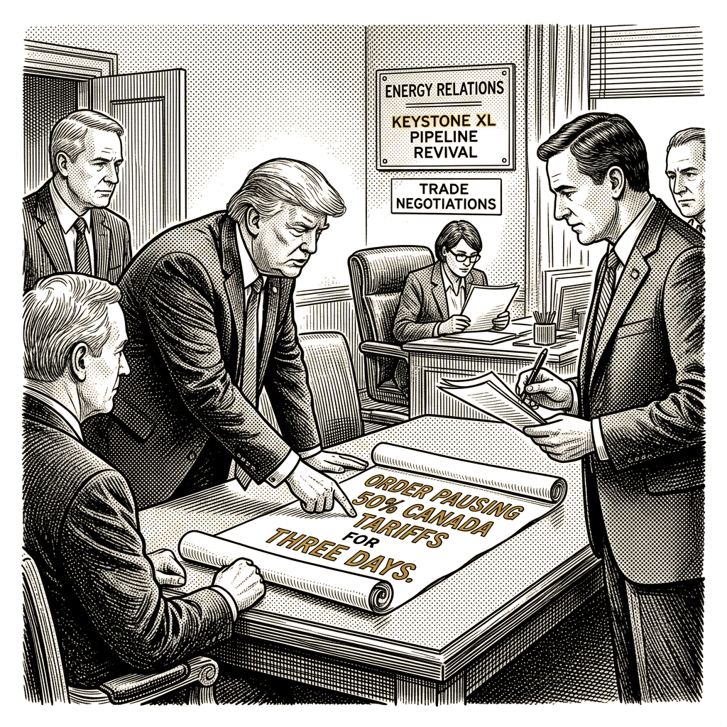 Illustration accompanying article: Trump pauses 50% Canada tariffs for three days, mentions Keystone XL revival