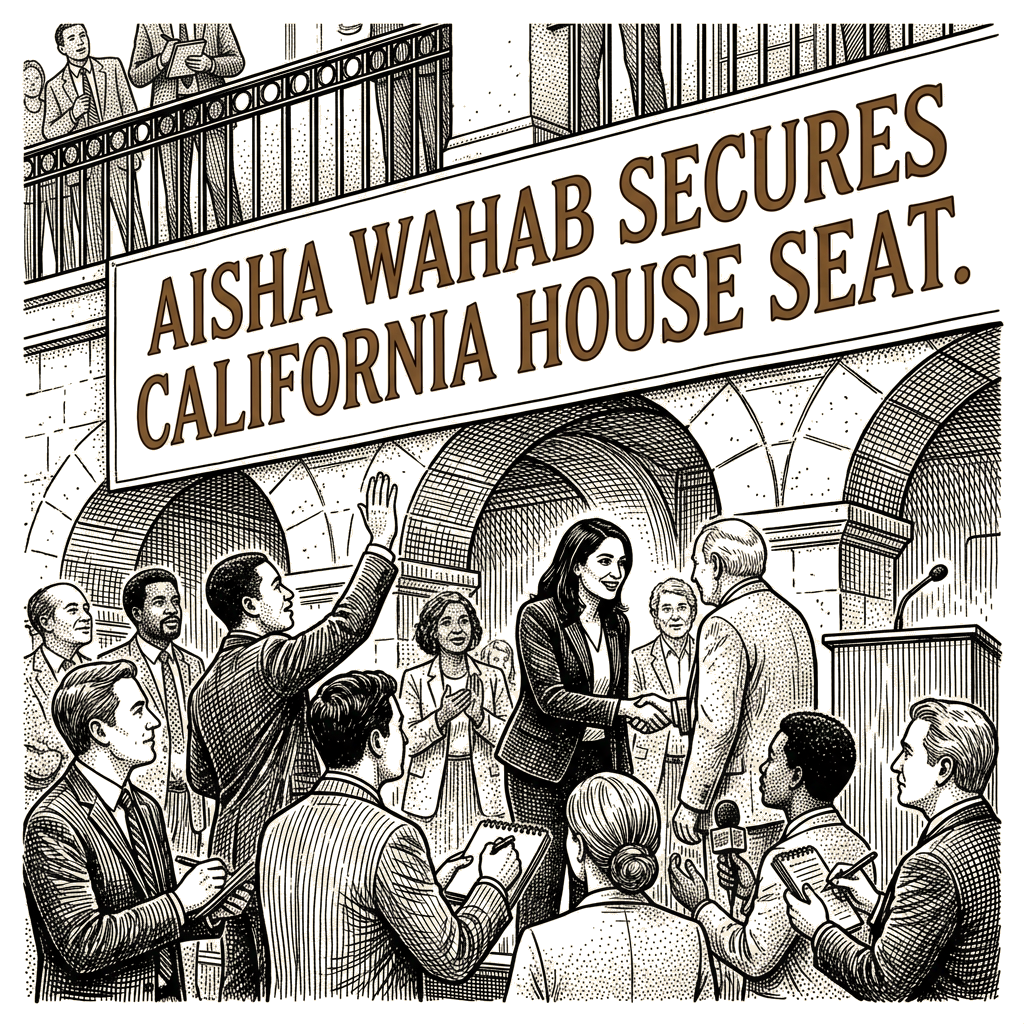 Illustration accompanying article: Aisha Wahab secures California House seat