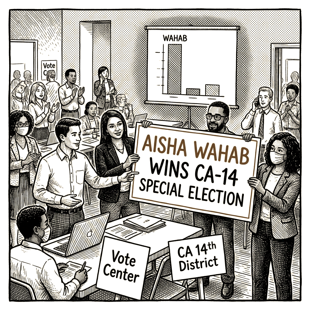 Illustration accompanying article: Aisha Wahab wins California 14th District special election for Swalwell's seat