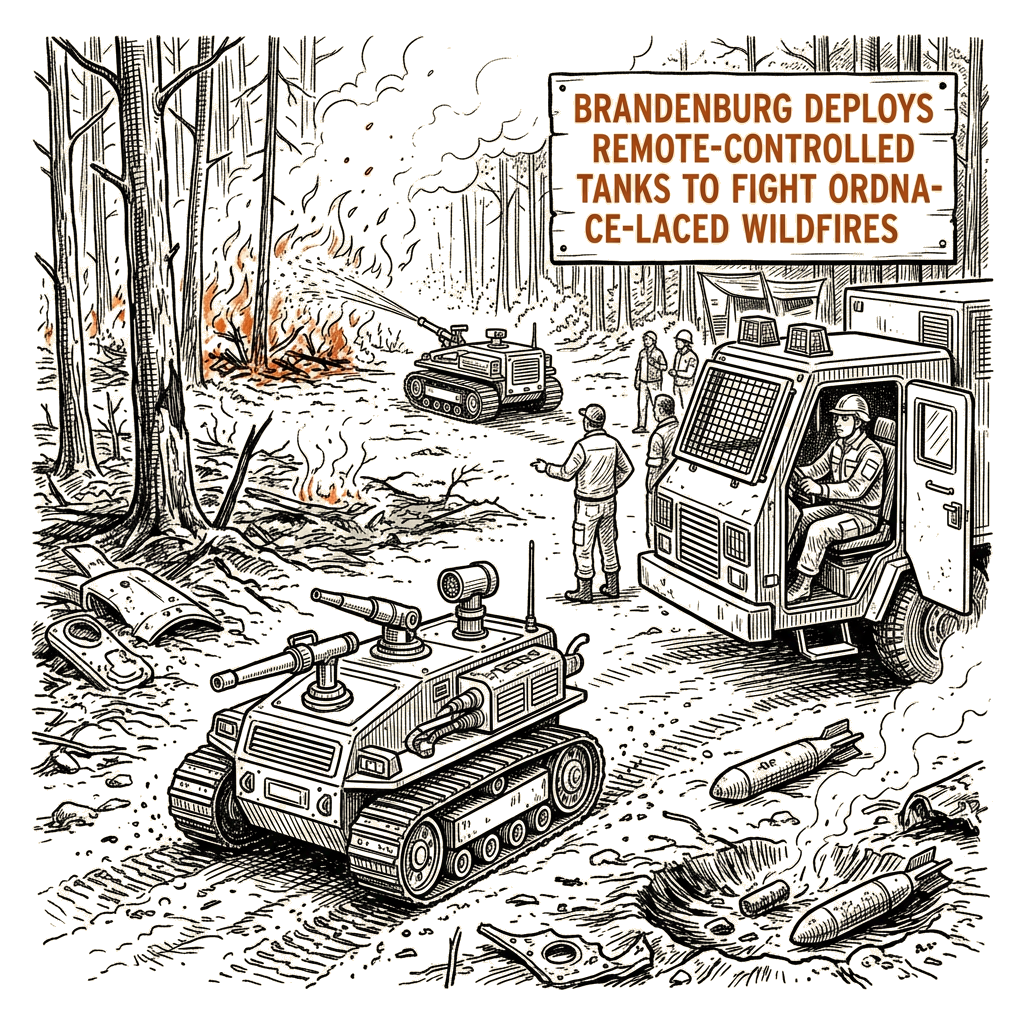 Illustration accompanying article: Brandenburg deploys remote-controlled tanks to fight ordnance-laced wildfires
