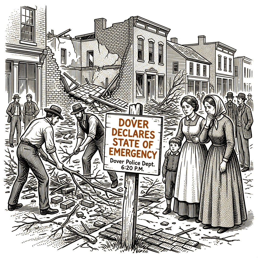 Illustration accompanying article: Dover declares state of emergency after likely tornado causes citywide damage