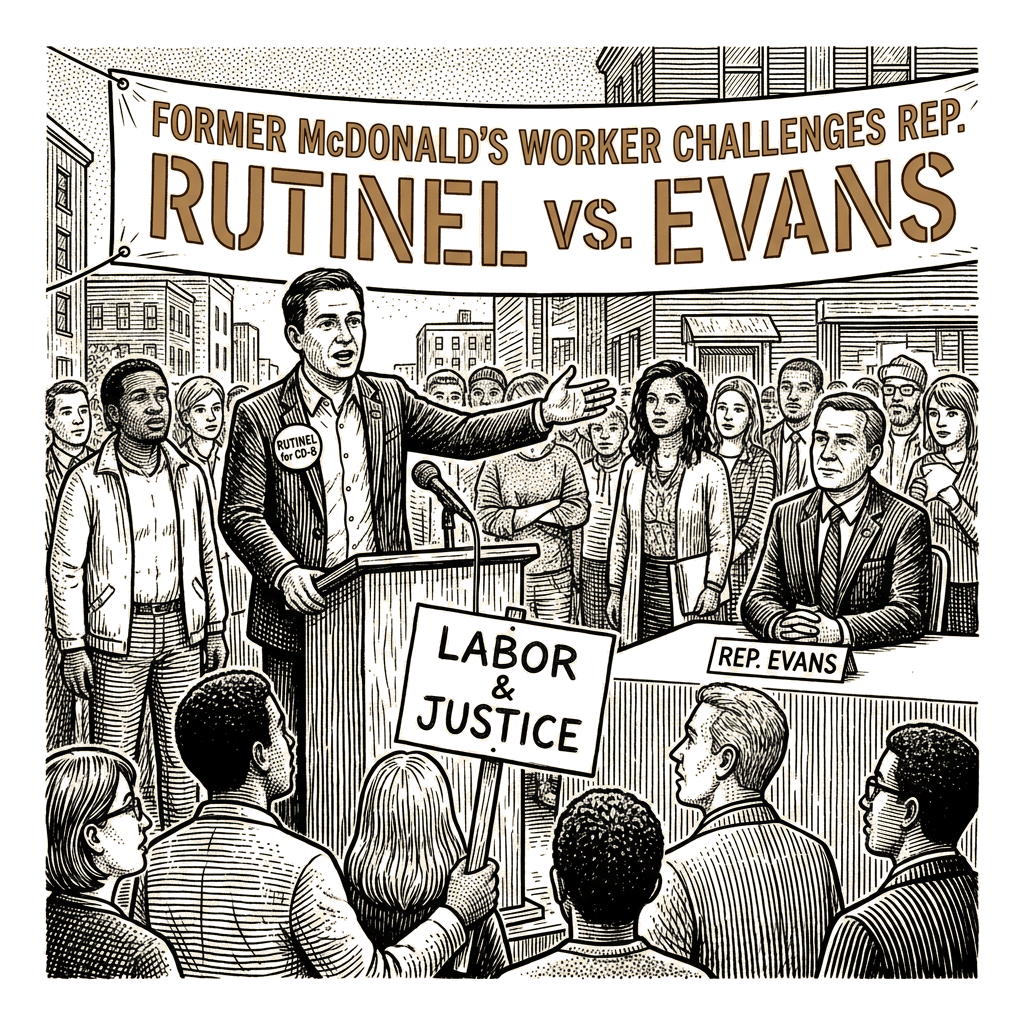 Illustration accompanying article: Former McDonald's worker Rutinel challenges Rep. Evans for Colorado's 8th