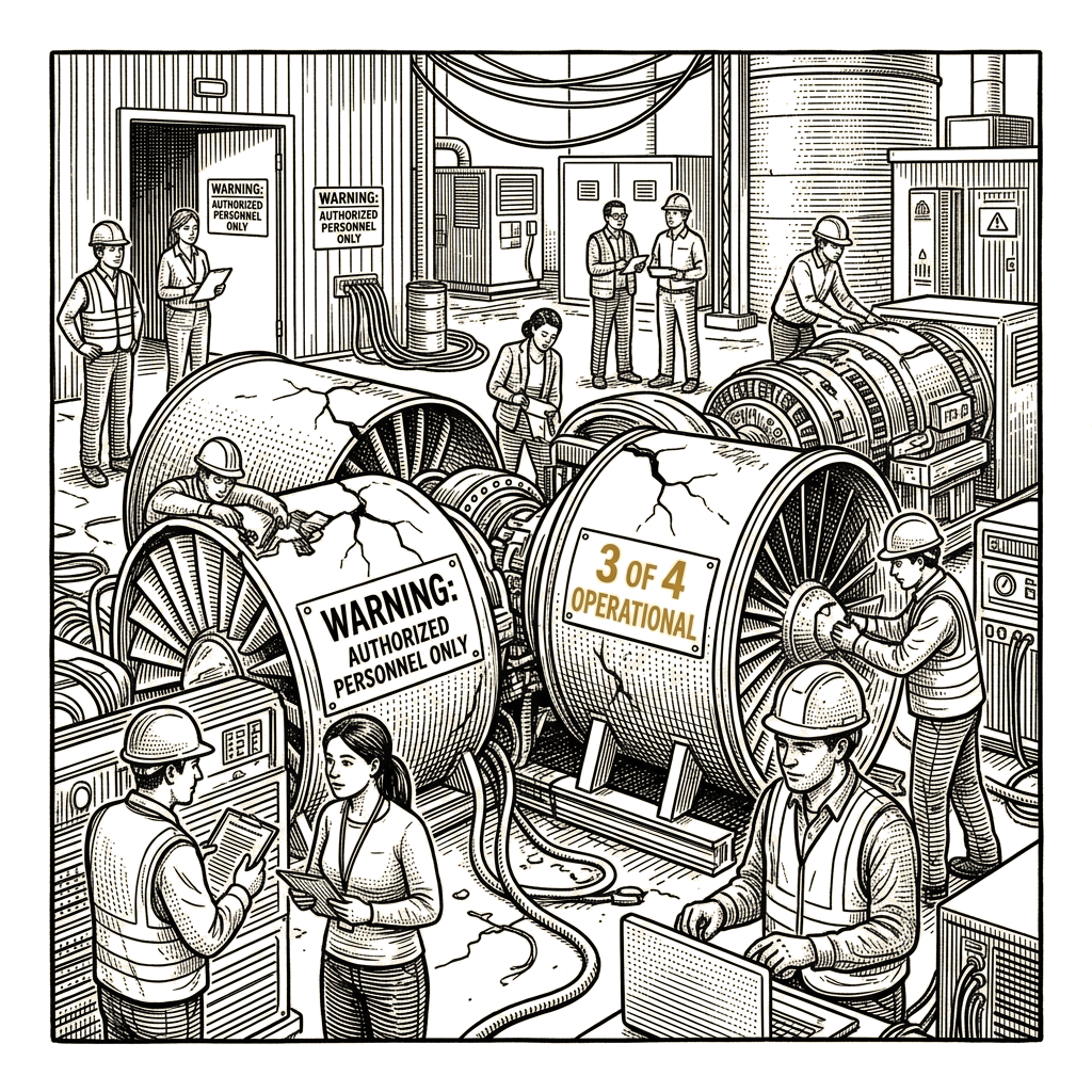 Illustration accompanying article: Hyperscaler off-grid AI power systems show cracked turbines, broken engines