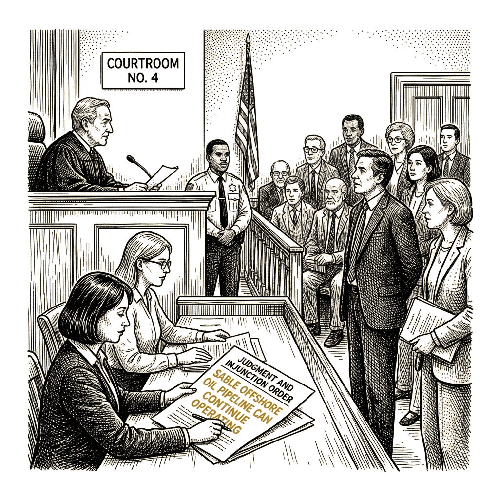 Illustration accompanying article: Judge rules Santa Barbara oil pipeline can keep operating